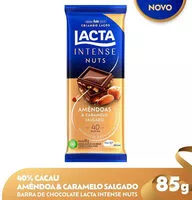 Mängden socker i Chocolate 40 Cacau Amêndoas E Caramelo Salgado Lacta Intense Nuts Pacote 85g