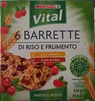Mängden socker i 6 barrette di riso e frumento mirtilli rossi