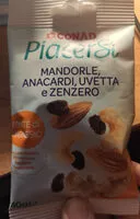 Mängden socker i mandorle, anacardi, uvetta e zenzero