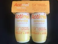 Mängden socker i Actimel Fruit & Veg sin azúcar añadido - Mango, mandarina, pera, piña, naranja, melocotón, zanahoria y cúrcuma