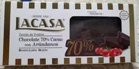 Mängden socker i Turrón de praliné con chocolate 70% cacao con arándanos