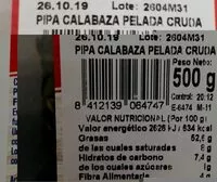 Mängden socker i Pipa Calabaza Pelada Cruda