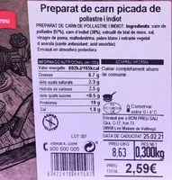 Mängden socker i Preparat de carne picada de pollastre y pavo